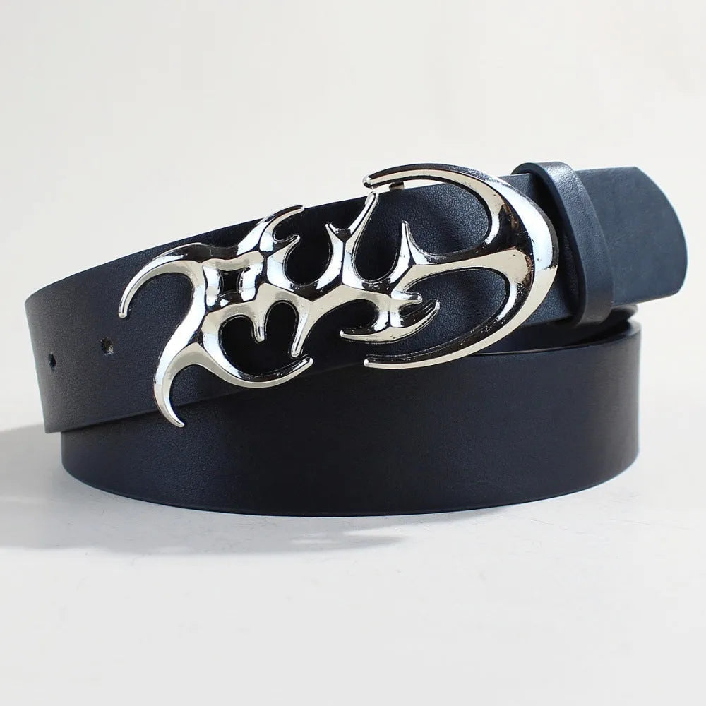 Men's silver buckle PU leather belt showing snap button closure and 3.3cm width
