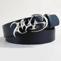 Men's silver buckle PU leather belt showing snap button closure and 3.3cm width