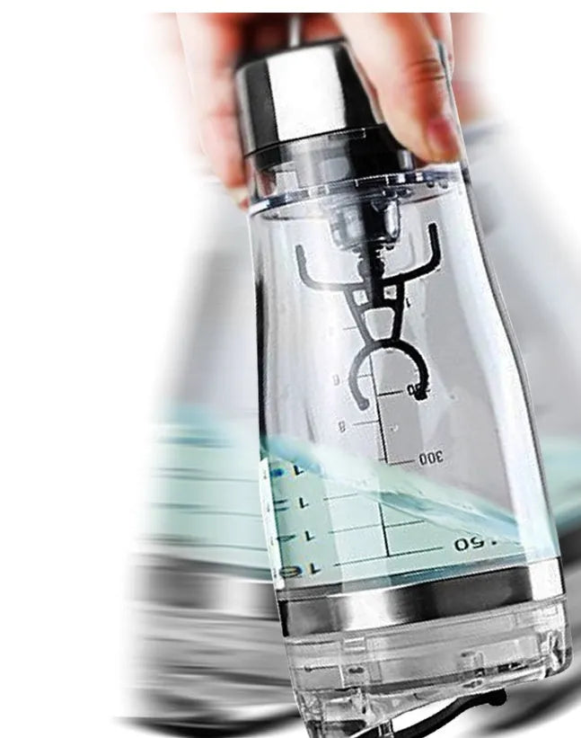 Stainless steel coloured electric shaker bottle with USB charging port for mixing protein shakes.