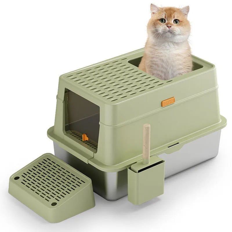 Grey enclosed cat litter box with foot pedal for hands-free opening.