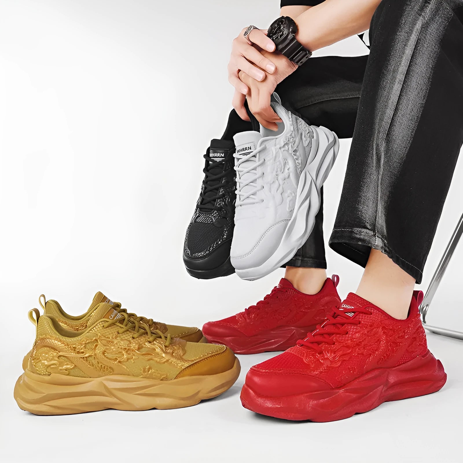Casual fly knit sneakers with Chinese dragon design, microfibre upper, and rubber sole