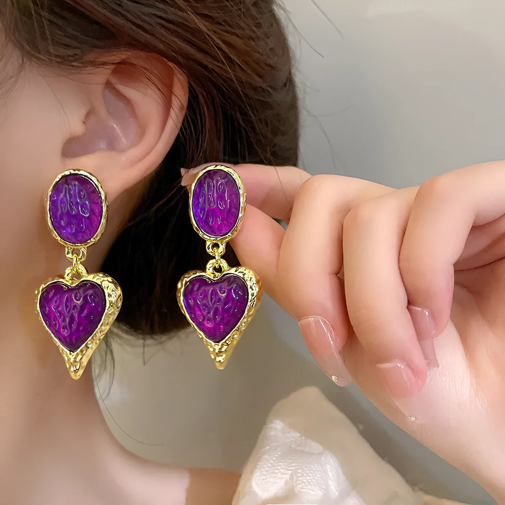 Silver needle pleated oval love heart stud earrings in purple, red, green, yellow and white colour options