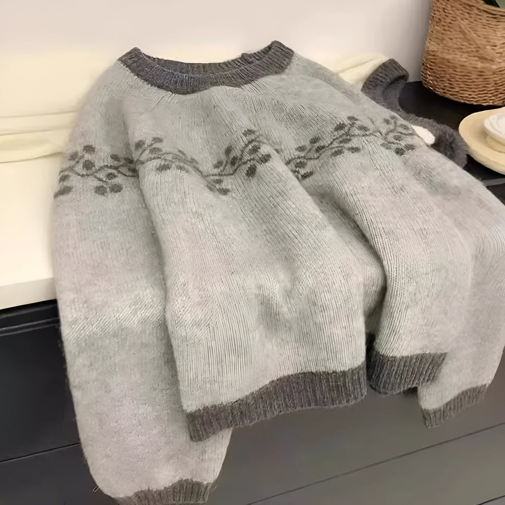 Korean style round neck jacquard colour matching loose knitted pullover sweater in apricot, grey, or brown, average size