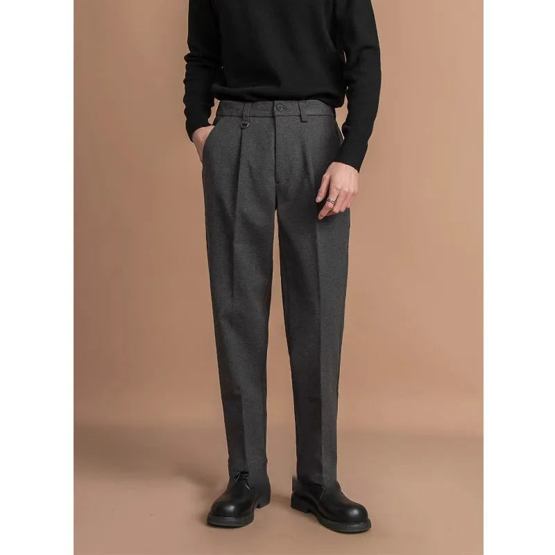 Men's straight leg trousers in black, dark grey, khaki, and brown colours