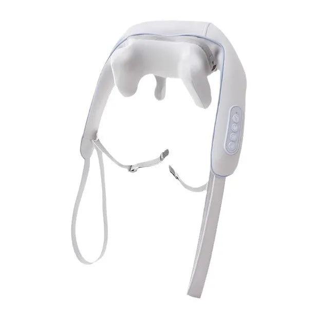 Black rechargeable neck and shoulder massager shawl with hot compress and two gears for cervical oblique and trapezius areas.