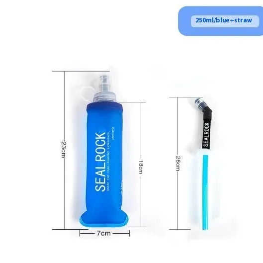 Grey portable water filter straw with textured grip and long flexible silicone tube, shown with a carabiner clip.