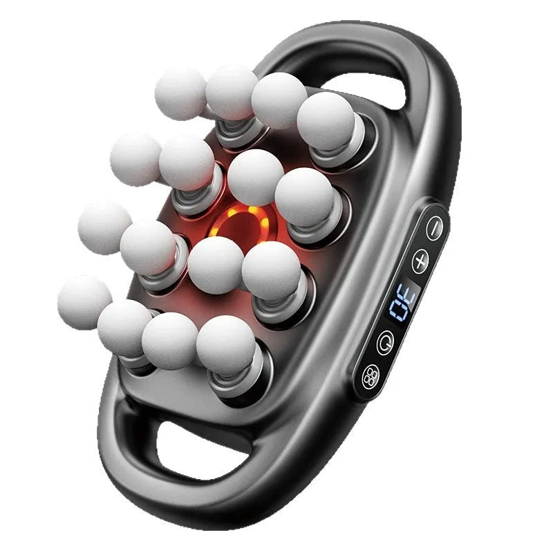 Black multi-head percussion massager with LED screen for calf, back, and waist muscle relief