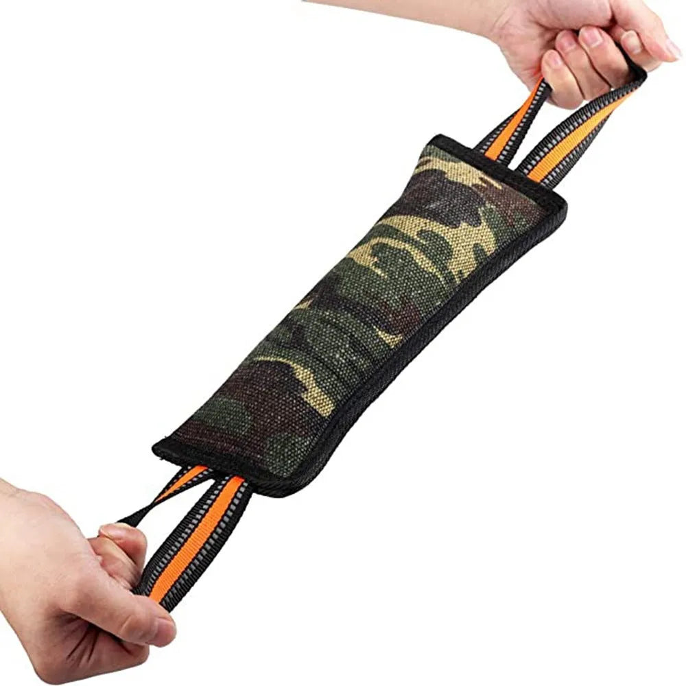 Long yellow-edged jute dog bite stick with reflective strips for tug training.