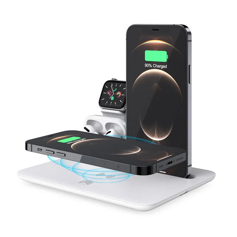 Black desktop wireless charging station with phone on pad and ports for watch and headphones.