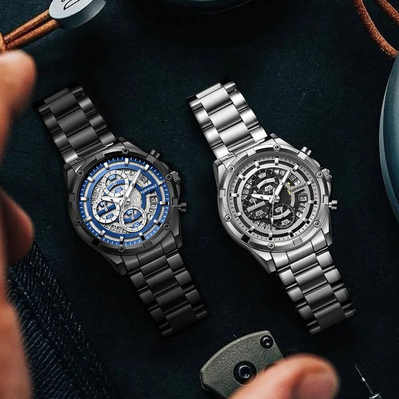Men's waterproof quartz watch with luminous markers on a steel bracelet, showing black case with blue dial option.