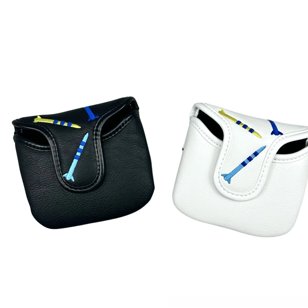 Square golf putter protective sleeve with Rocket Pattern design in PU leather, shown in black and white.