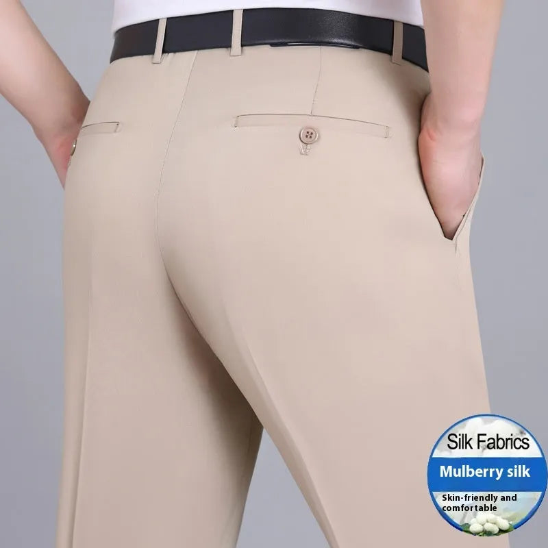 Men's straight cut business trousers in mulberry silk blend fabric with high waist design