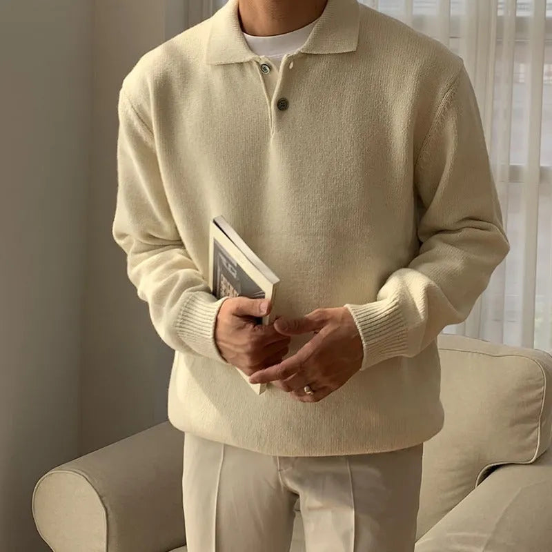 Men's lapel polo sweater loose fit pullover in beige, with long sleeves and lapel collar