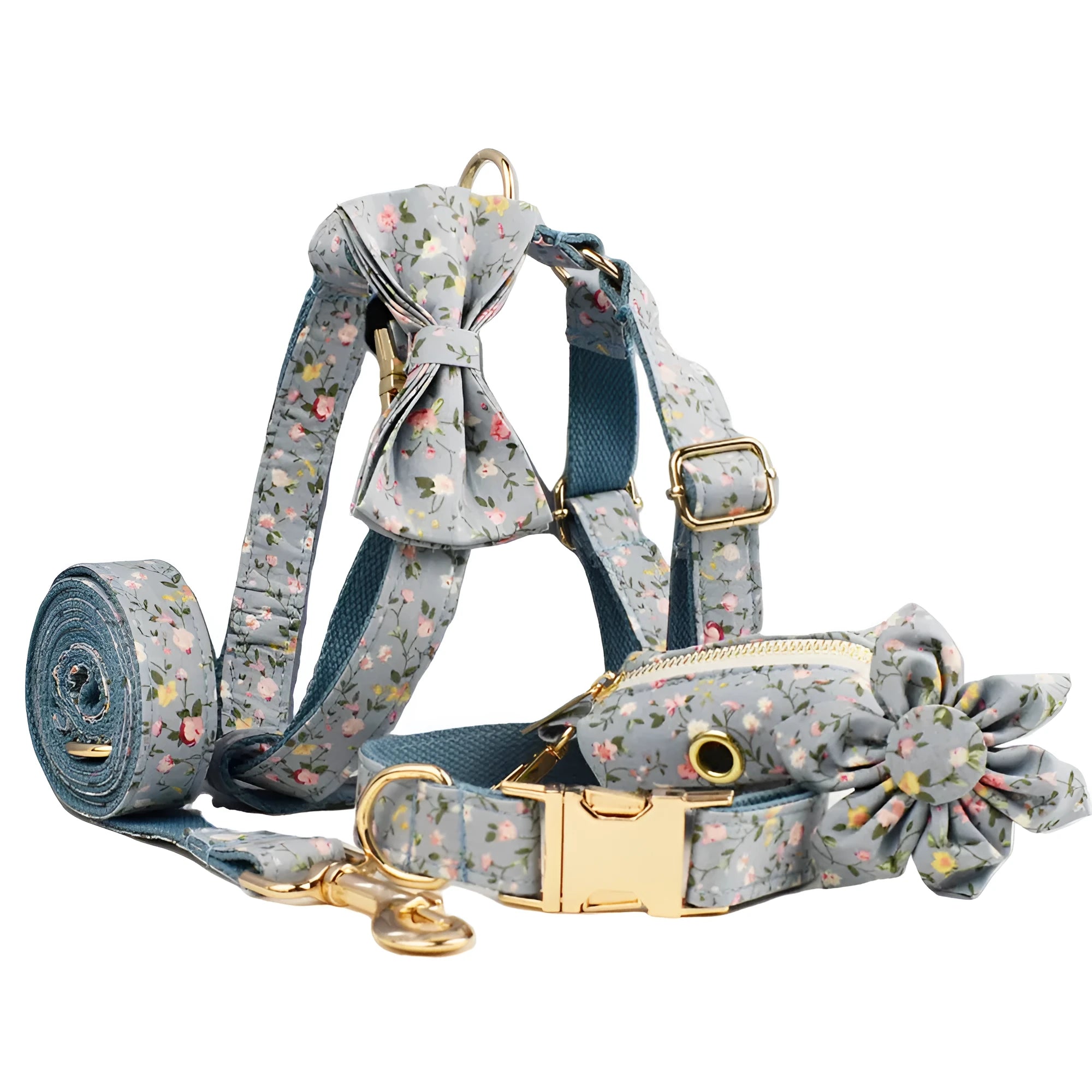 Blue floral dog collar and matching leash, bow, vest, and waste bag holder five-piece pet set.