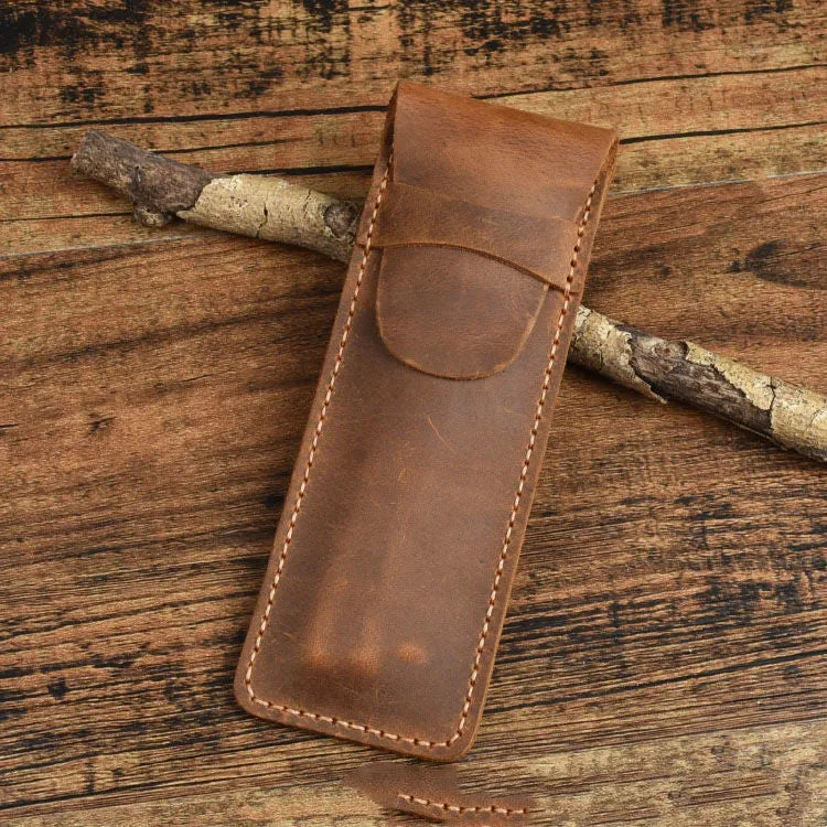 Square vintage pencil case made from Crazy Horse leather measuring 16cm by 6cm