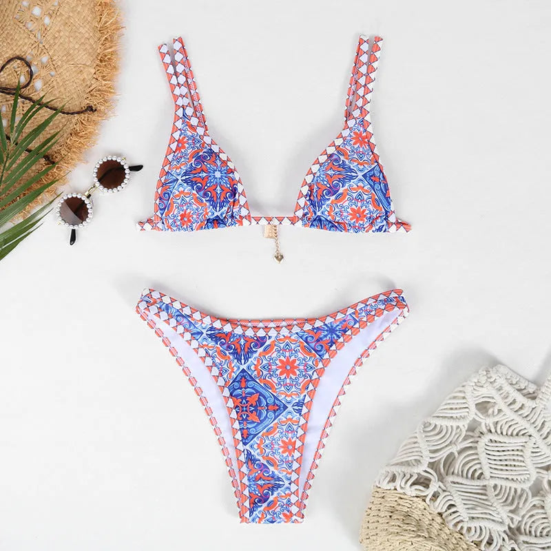 Retro printed women's bikini swimwear in orange, pink, black, and blue colour options