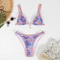 Retro printed women's bikini swimwear in orange, pink, black, and blue colour options