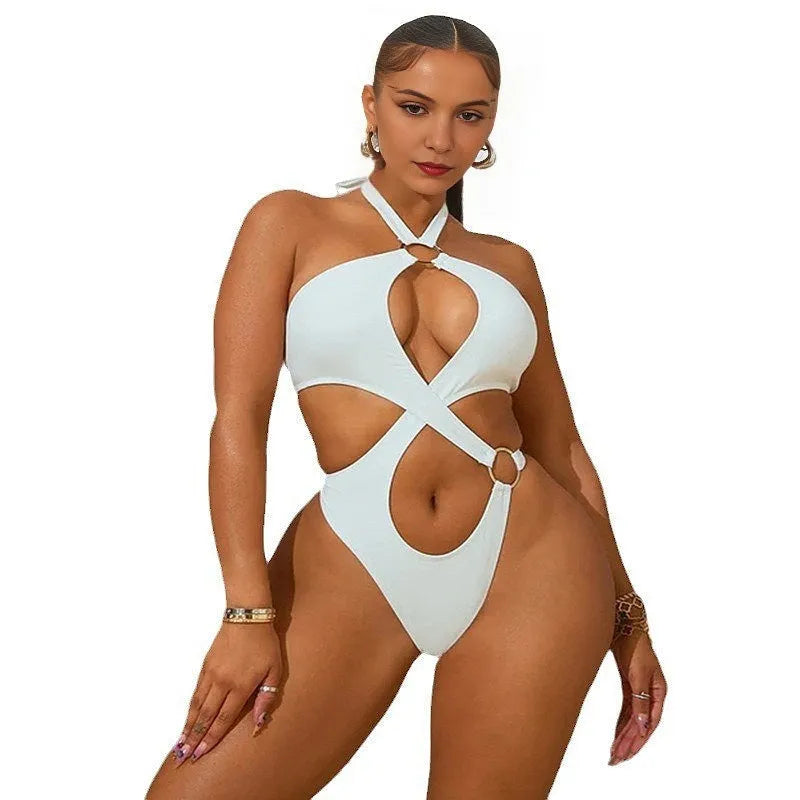 Women's sleeveless backless jumpsuit with lace-up cutout and tapered shorts in micro-elastic polyester fabric