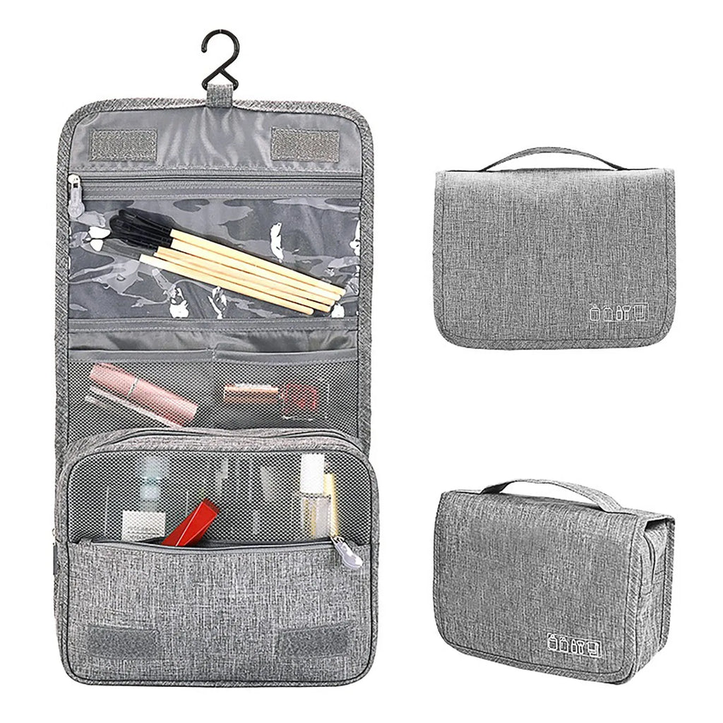 Large waterproof hanging toiletry bag in black with four compartments and metal hook