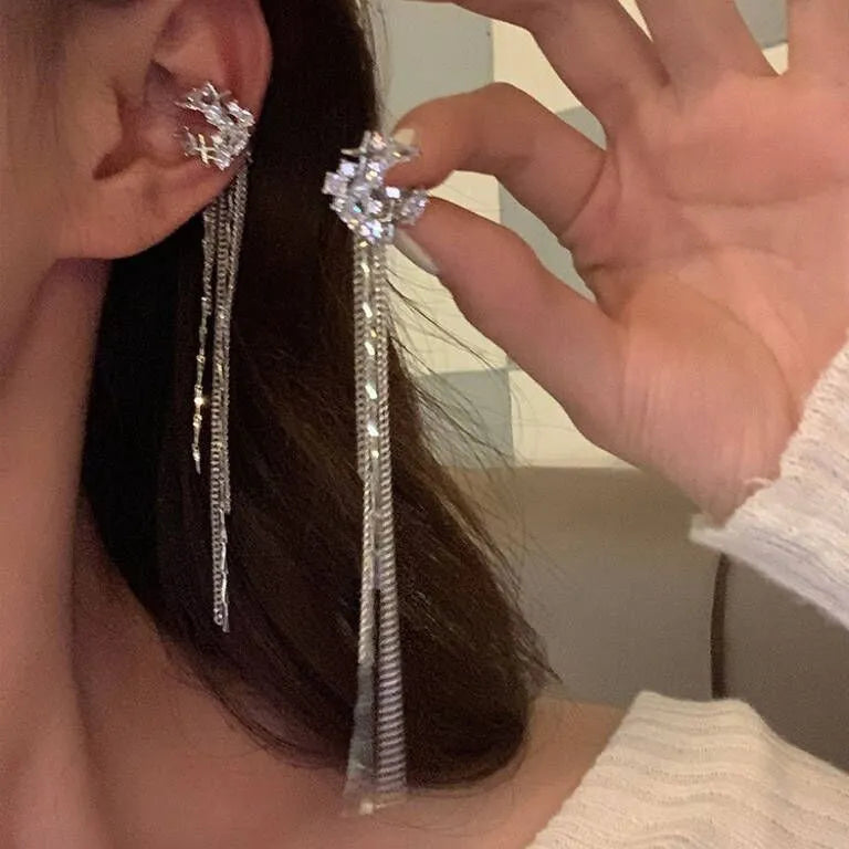 Moon zircon long tassel chain earrings without ear holes, U-shaped alloy ear clips, sweet and cool style for women