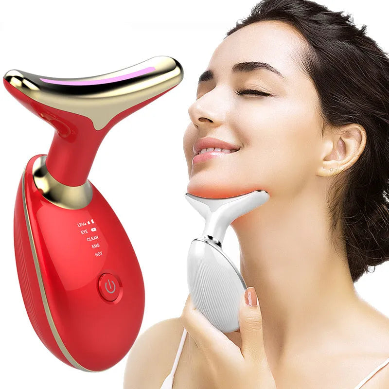 Black Silver EMS thermal neck lifting massager with LED lights on a white background.
