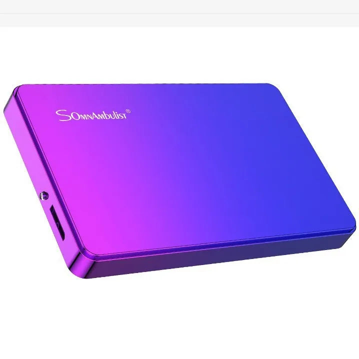 Purple portable external hard disk with USB cable and leather bag