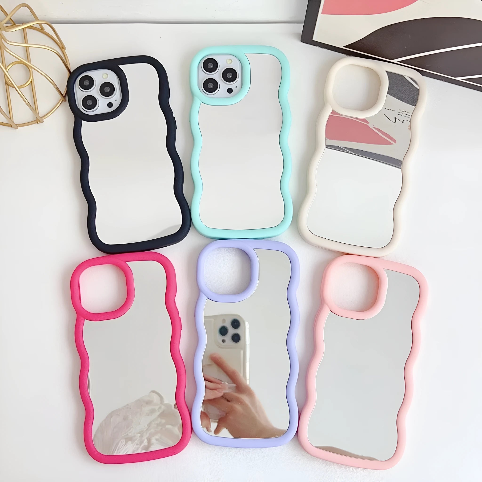 Silicone cloud wave phone case for iPhone 12-16, black back cover with mirror and stereo elements