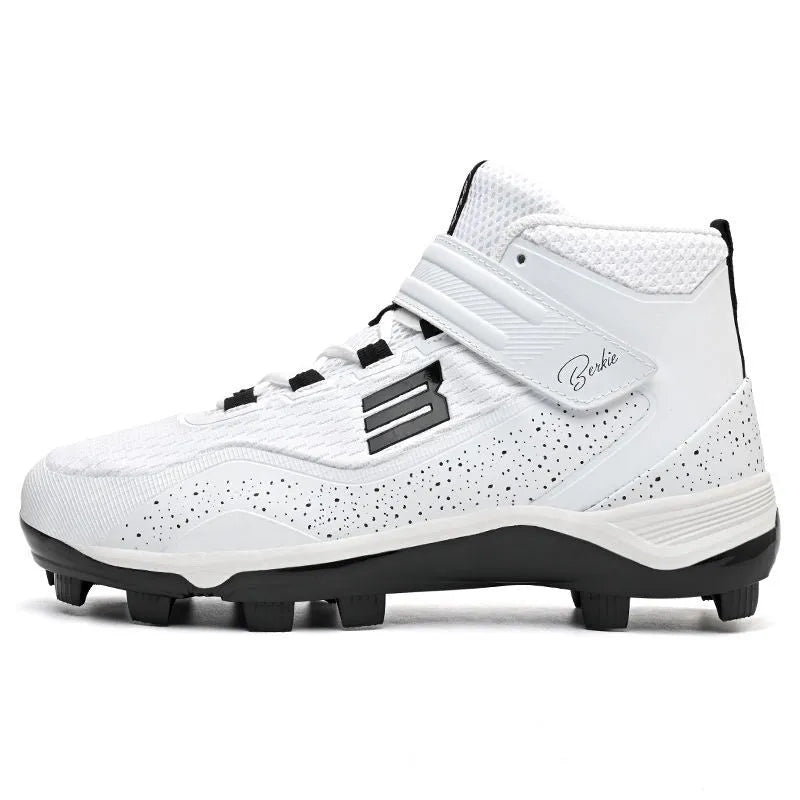 Adult black and white training sneakers with Velcro strap and wear-resistant rubber sole for softball.
