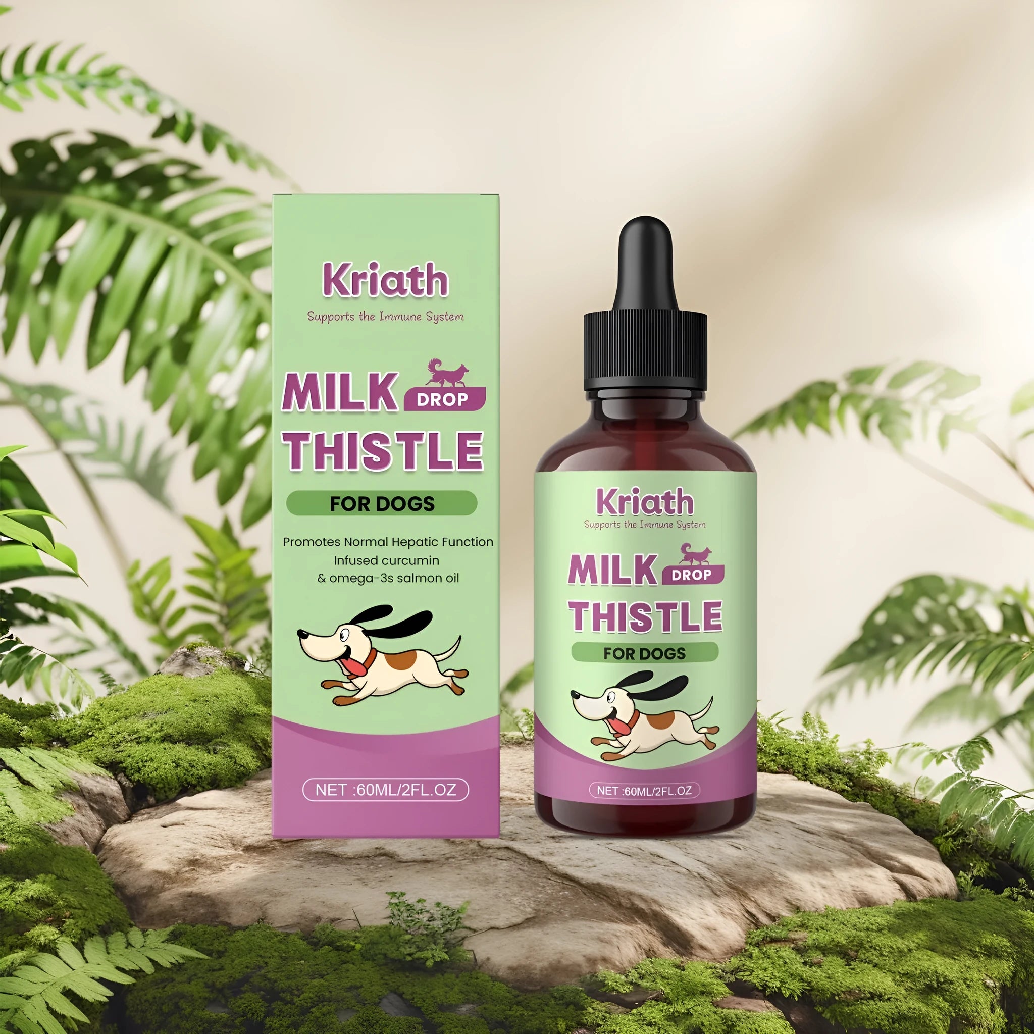 60ml bottle of dog nutrient liquid supplement containing milk thistle extract, turmeric, and omega-3