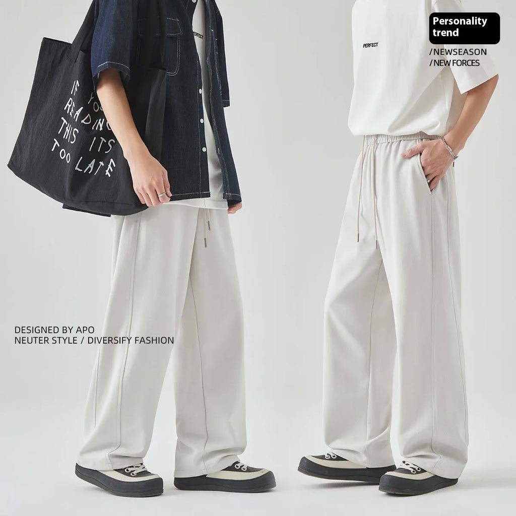 Men's casual loose straight-leg trousers in Paris grey with a high waist and front lace-up detail.