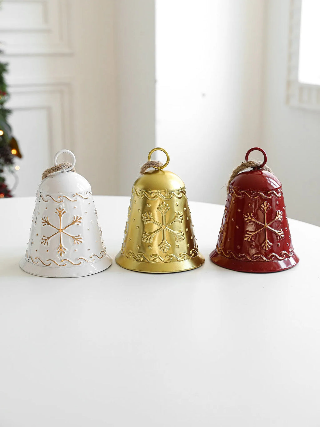 Christmas iron bell ornament with Santa Claus and snowman design in gold finish