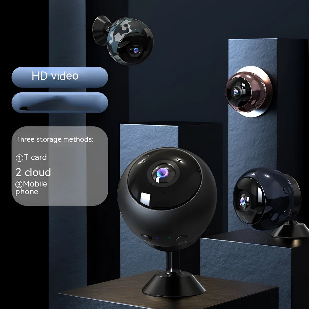 White or black 1080p wireless WiFi security camera with wide-angle lens on a desktop.