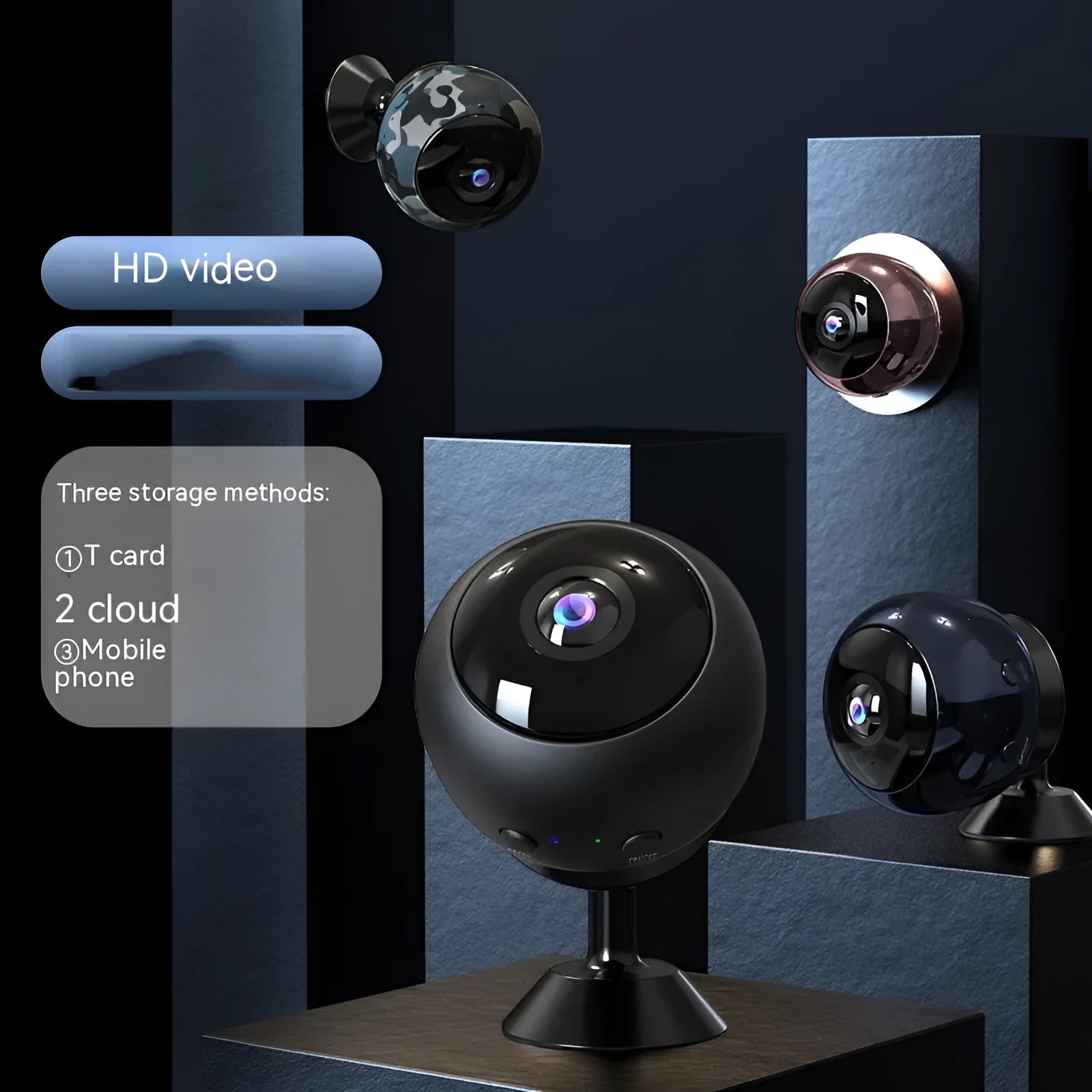 White or black 1080p wireless WiFi security camera with wide-angle lens on a desktop.