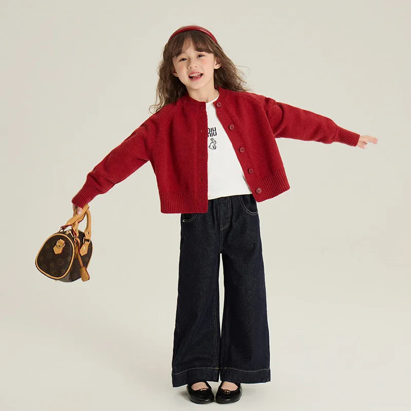 Girl's Korean-style red knitted cardigan with long sleeves, single-breasted front, cashmere blend fabric, suitable for 90-160cm height