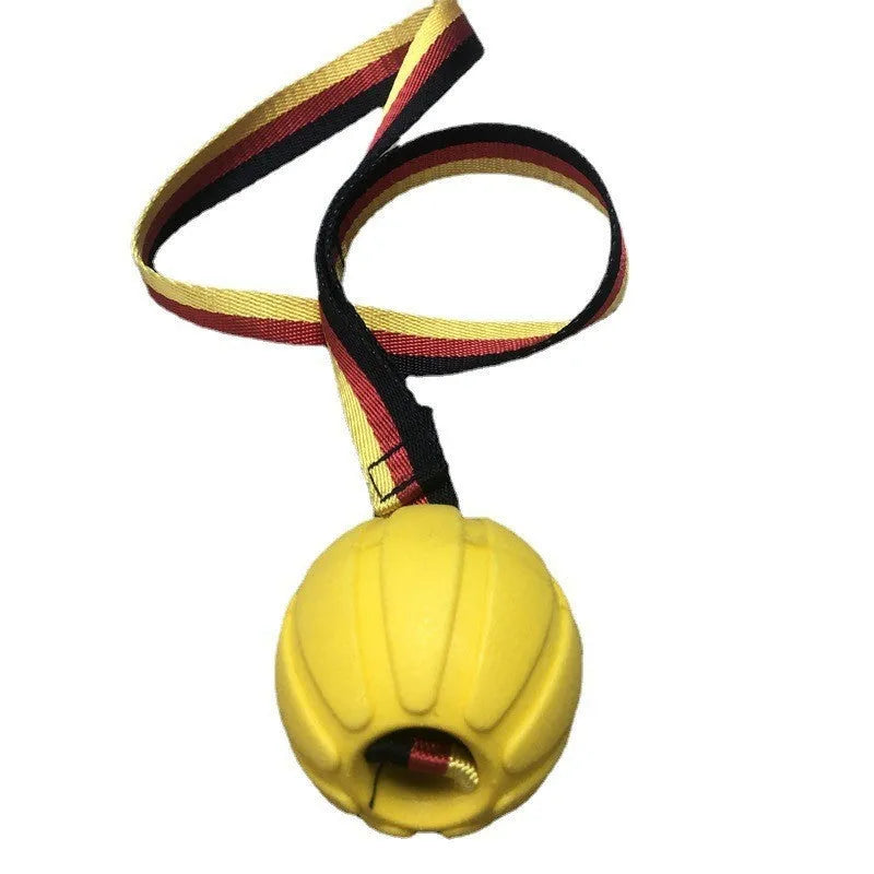 Yellow and camouflage coloured EVA floating dog ball with string in three different sizes on blue background