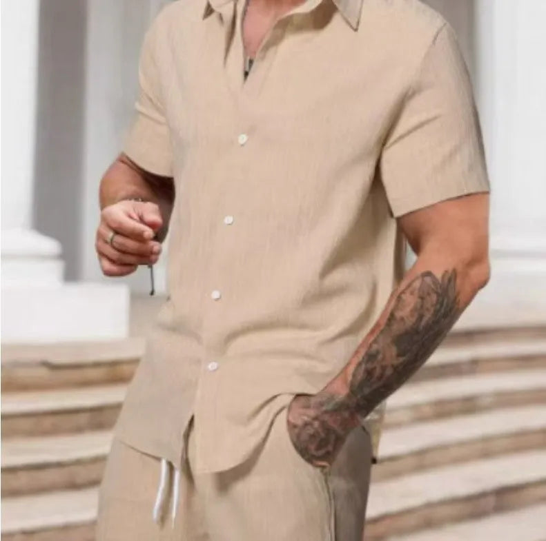 Striped printed men's casual suit with short sleeve shirt and matching shorts in colour YT50313P1