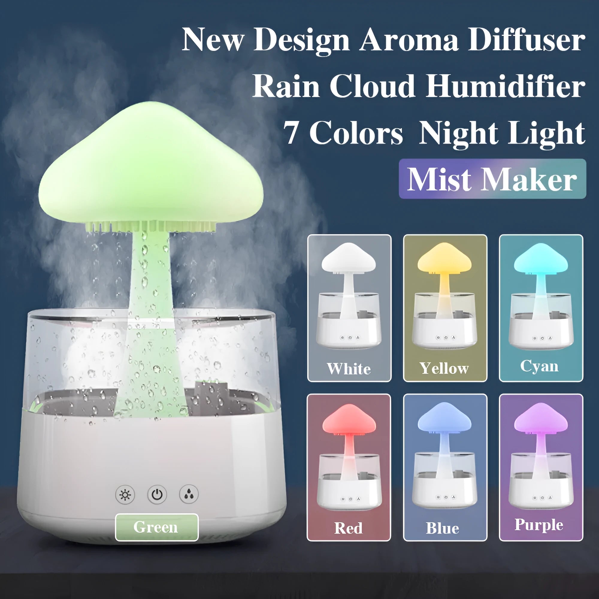 Desk humidifier with raining cloud design, essential oil diffuser, and mushroom lamp night light