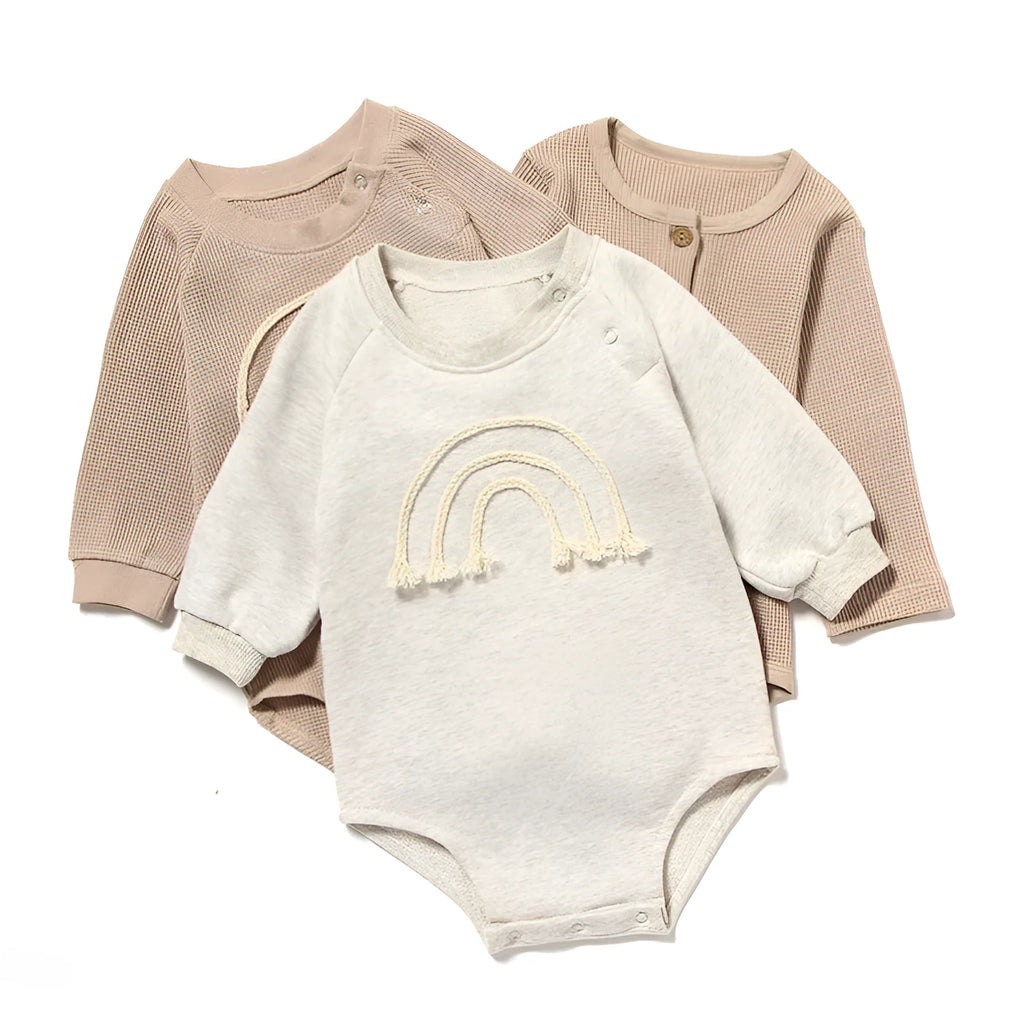 Waffle cotton baby romper with long sleeves in beige khaki blue green colour options