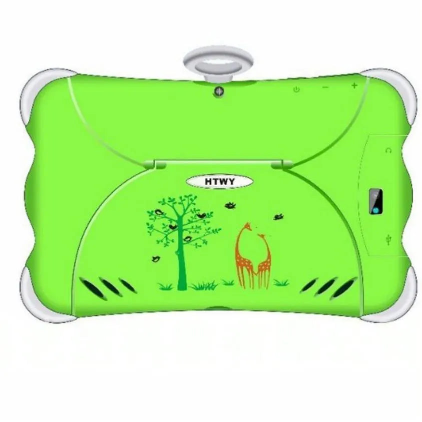 Cartoon green children's 7-inch learning tablet displayed on its included stand
