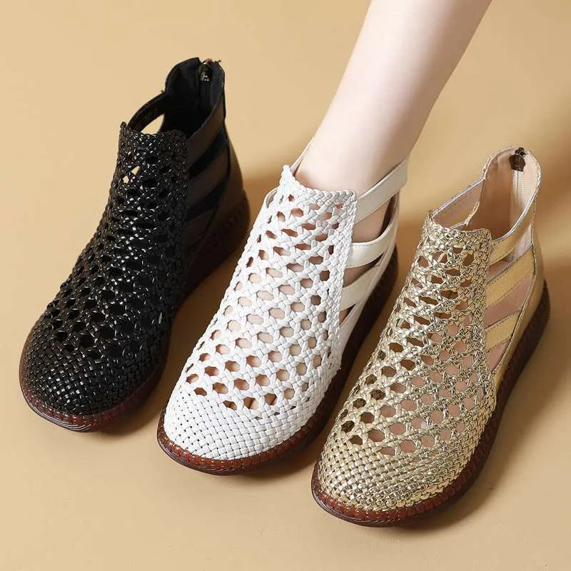 Women's gold and white flat sandals with hollow-out design and round toe