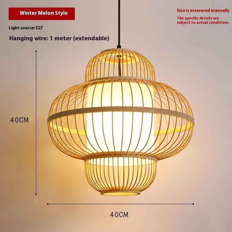 Bamboo lantern chandelier 40x40cm with spotlight, modern Chinese style, Wax Gourd Style, for restaurant ceiling
