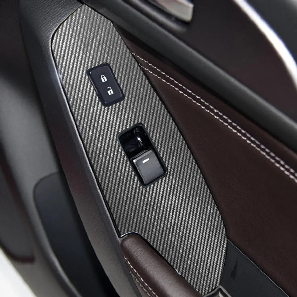 TPU protective films for car door control panel switches in transparent, carbon fibre black, and matte black finishes