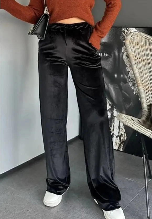Black shiny velvet drawstring high waist straight leg casual pants, polyester, women, Asian sizes S to XL