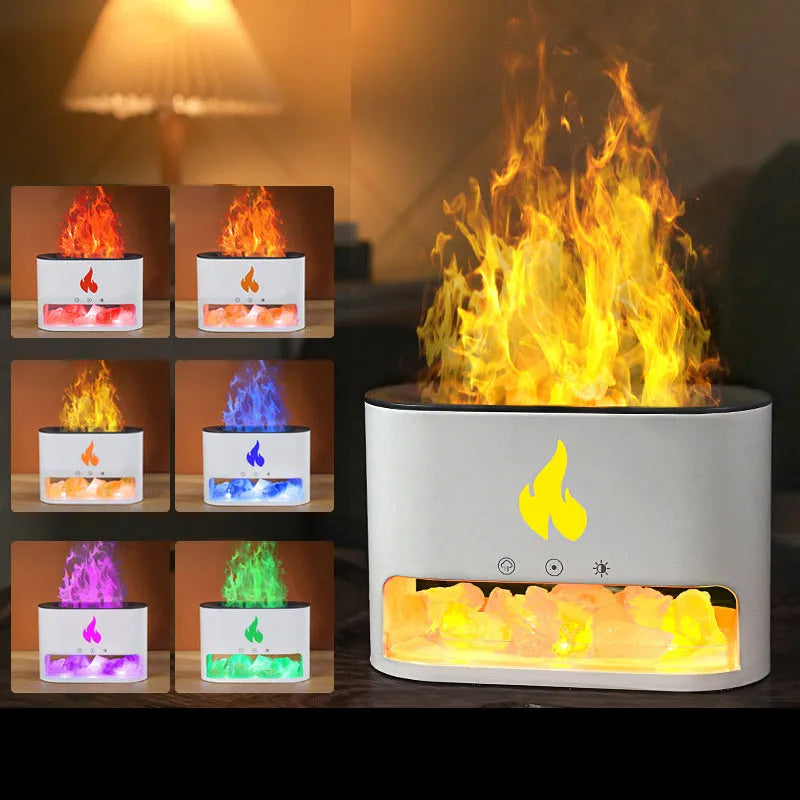 Square desktop flame humidifier with colourful 3D flame effect and crystal salt stone