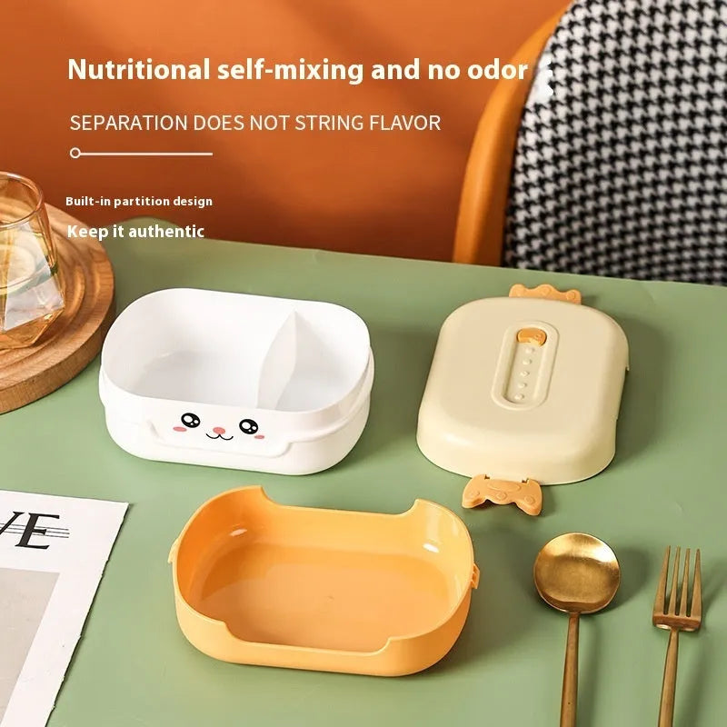 Square plastic divided lunch box in dark blue, orange yellow, or pink and green, shown with compartments.