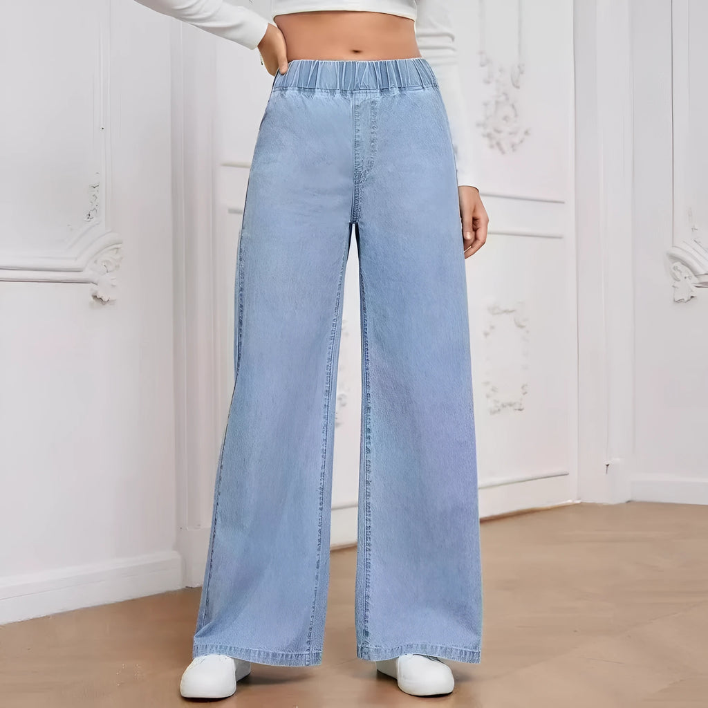 Light blue washed wide-leg denim trousers with straight silhouette and zip-fly placket