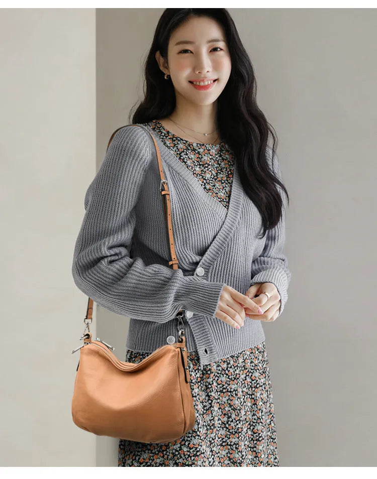 Genuine leather women's crossbody bag large capacity first layer cowhide in black, apricot, elephant gray