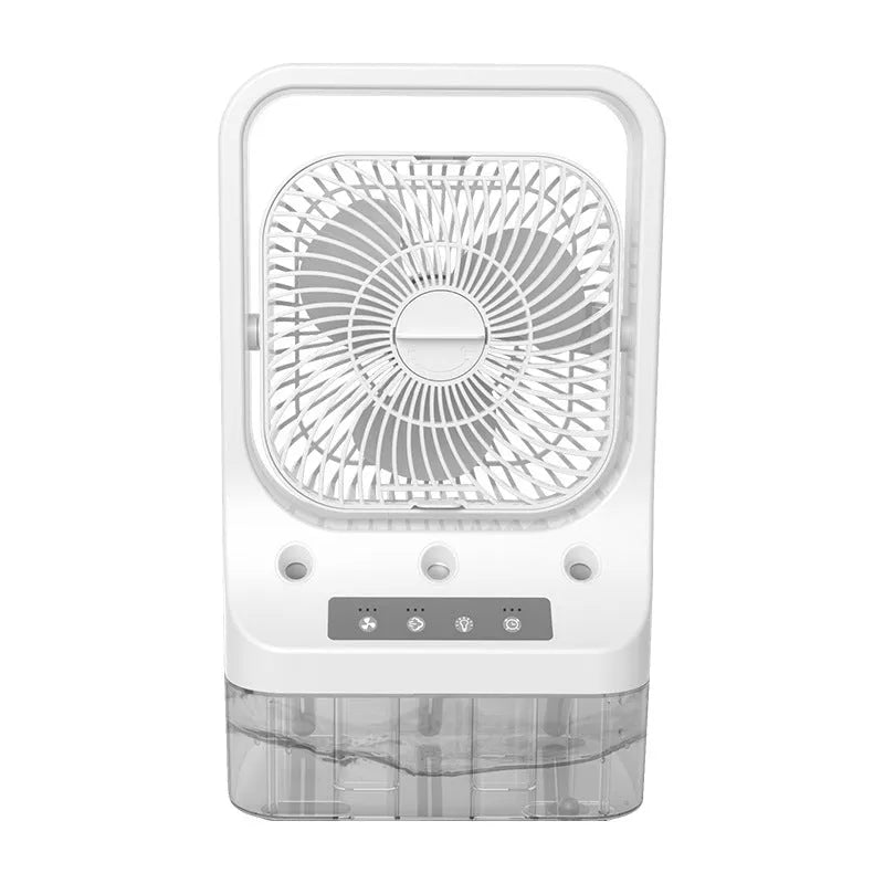 White USB rechargeable water-cooled air cooler fan with adjustable head and colour-changing lights