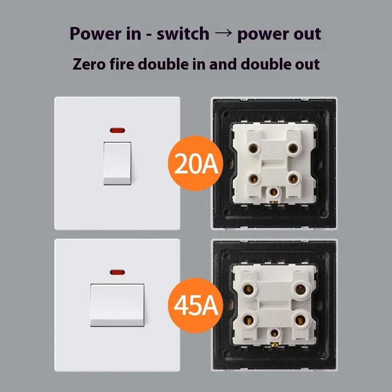 Water heater air conditioner high current switch with illuminated panel in gold, grey and white