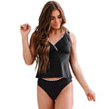 Black women's one-piece split swimsuit in nylon fabric with sleeveless design